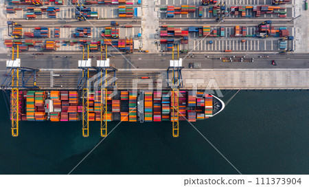 Aerial view container cargo ship maritime carrying container, Global business import export logistic freight shipping transportation international by container cargo ship, Container fright shipping. 111373904