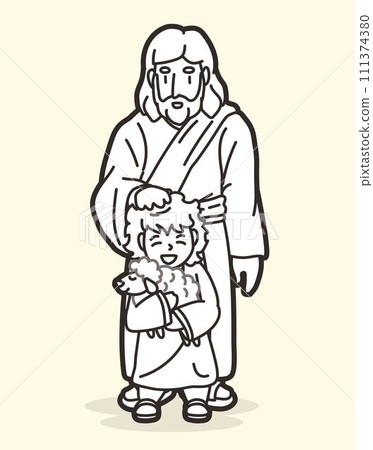 Jesus Places His Hands on His Head and Blesses the Shepherd Boy Holding a Lamb Cartoon Graphic Vector 111374380
