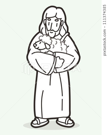 Jesus Carries a Lamb Hugged in an Embrace He is a Good Shepherd Cartoon Graphic Vector Jesus Carries a Lamb Hugged in an Embrace He is a Good Shepherd Cartoon Graphic Vector 111374385