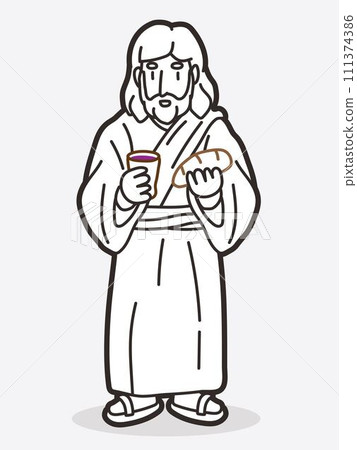 Jesus Celebrates Holy Communion with Bread and Wine Cartoon Graphic Vector 111374386
