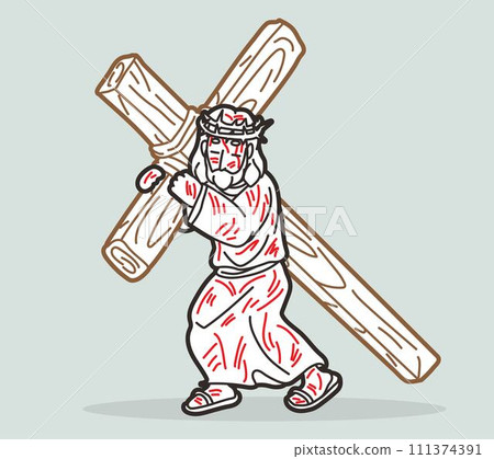 Jesus Carries the Cross with Crown of Thorns and Blood 111374391