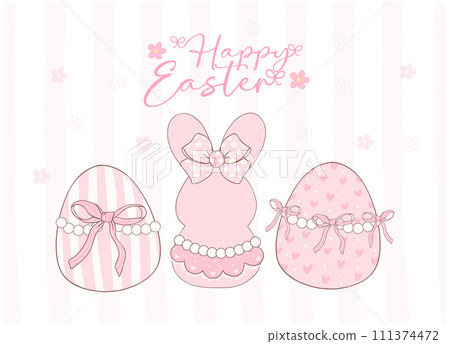 Cute Pink Coquette Easter bunny and eggs Cartoon banner, sweet Retro Happy Easter spring animal Hand Drawing. 111374472