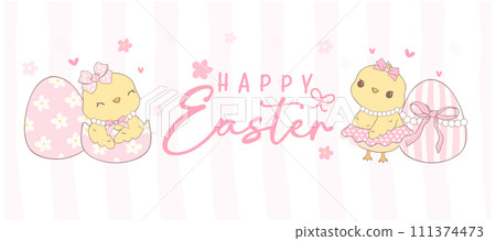 Cute Pink Coquette Easter Chicks with eggs Cartoon banner, sweet Retro Happy Easter spring animal Hand Drawing. 111374473