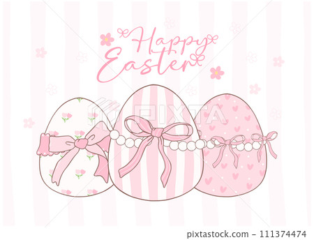 Cute Pink Coquette Easter eggs Cartoon banner, sweet Retro Happy Easter spring animal Hand Drawing. 111374474