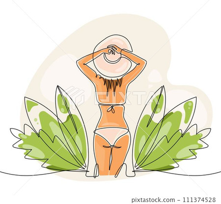 One line drawing woman in bikini and hat sunbathing on the beach. Beautiful girl in a swimsuit. Summertime concept. 111374528
