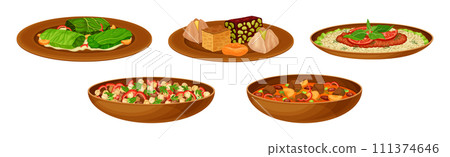 Egyptian Dish and Food Served on Plate Vector Set Egyptian Dish and Food Served on Plate Vector Set 111374646