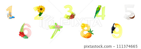 Bright Summer Number with Sunny Season Attributes Vector Set 111374665