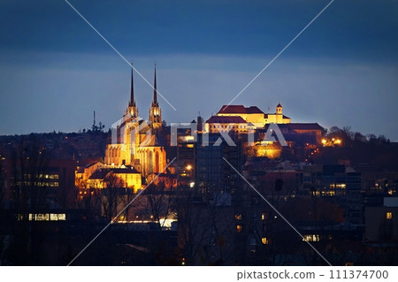 Brno city in the Czech Republic. Europe. Petrov - Cathedral of Saints Peter and Paul and Spilberk castle. Beautiful old architecture and a popular tourist destination. Night photography of the city 111374700