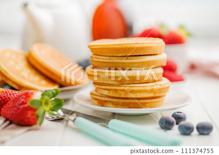 Homemade classic american pancakes on plate. 111374755