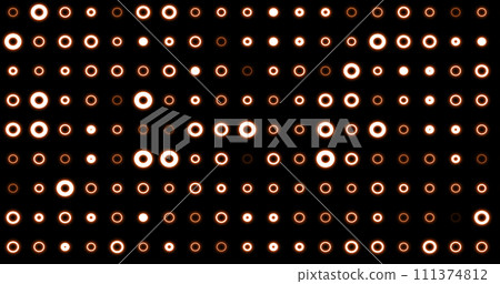 Abstract background of bright orange yellow glowing light bulbs from circles and dots of energy magic disco wall 111374812