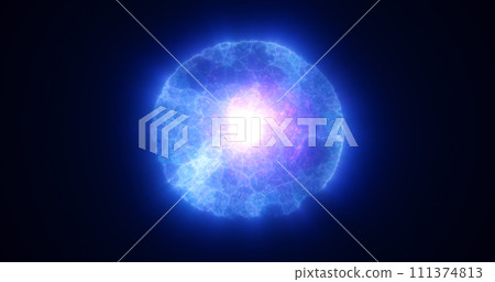 Abstract blue energy glowing digital sphere made from moving electric plasma liquid on black background 111374813
