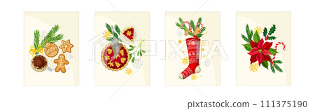 Merry Christmas Card with Festive Object Vector Set 111375190