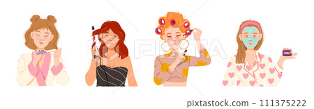 Self Care Treatment with Woman Character Engaged in Beauty Procedure Vector Set 111375222