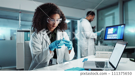 Woman, scientist or blood vial for exam in laboratory, healthcare or pathology to label on test tube. Biotechnology, pharmaceutical and laptop by doctor and online scientific results in phlebotomy Woman, scientist or blood vial for exam in laboratory, healthcare or pathology to label on test tube. Biotechnology, pharmaceutical and laptop by doctor and online scientific results in phlebotomy 111375650