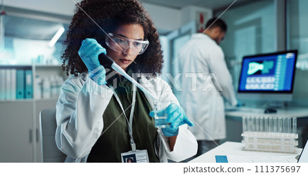 Scientist, pipette and woman with beaker for chemistry, research or experiment at laboratory. Science, glass and serious medical professional in development of cure, biotechnology or study healthcare 111375697