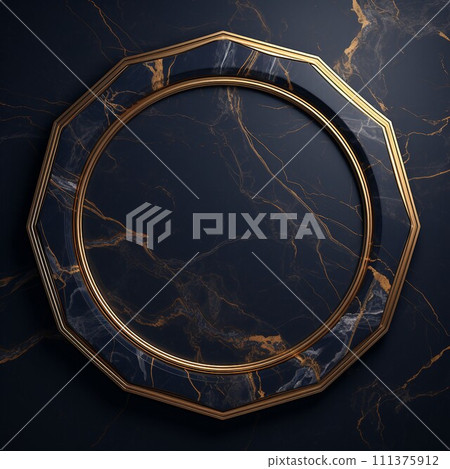 Dodecagonal frame with navy blue and golden marble background. Dark square abstract template. AI generated image Dodecagonal frame with navy blue and golden marble background. Dark square abstract template. AI generated image 111375912