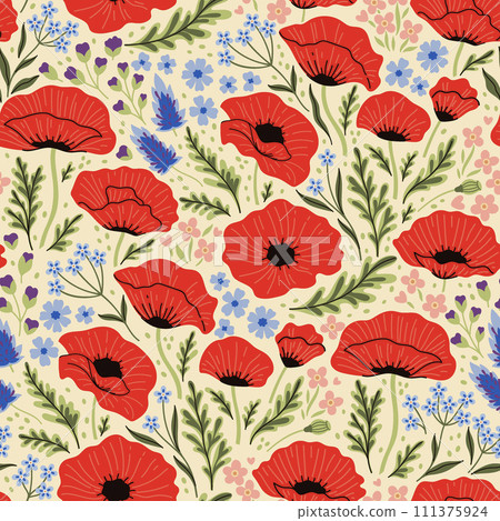 Seamless pattern with summer poppy field flowers. Vector graphics. 111375924
