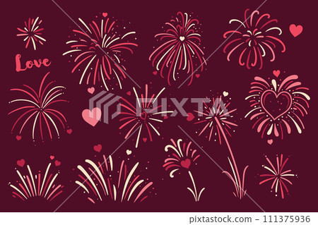 Set of fireworks with hearts for Valentine s Day. Vector graphics. 111375936