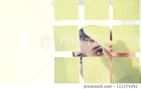 Employee, sticky notes and glass wall for planning, thinking and vision for logistics and ideas. Businesswoman, brainstorming and mockup for meeting, goals and teamwork for project management 111375942