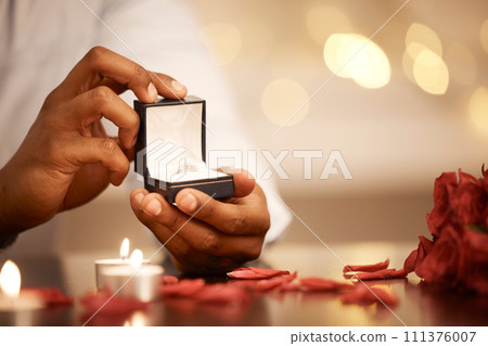 Engagement, jewellery and proposal with wedding ring for gift, celebration or announcement during romantic date. Save the date, love or present with diamond jewelry for commitment or surprise Engagement, jewellery and proposal with wedding ring for gift, celebration or announcement during romantic date. Save the date, love or present with diamond jewelry for commitment or surprise 111376007