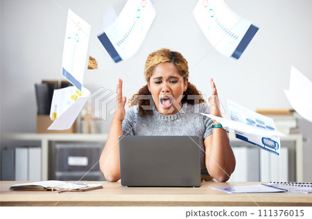 Stress business woman throwing paperwork documents in anger, frustrated and 404 laptop glitch in office. Anxiety, angry and shouting worker with internet problem, burnout crisis and online risk fear 111376015