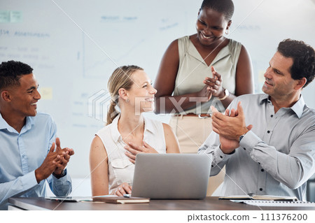 Business people applause for promotion success, achievement and winner motivation in office meeting. Happy diversity staff, onboarding celebration and support of goal, bonus and team congratulations 111376200