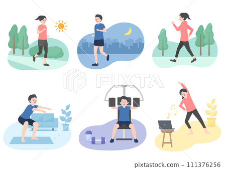 男性和女性進行有氧運動和肌肉訓練的插圖集 111376256