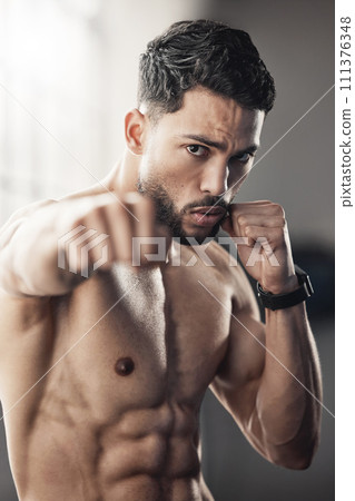 Boxing fist, strong man portrait and fitness power of mma fighter, sports athlete and gym training. Hand, muscle and workout of martial arts, sexy bodybuilder and champion boxer impact in speed focus 111376348