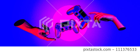 Two hands reaching towards floating game controllers against gradient neon background. Streaming banner. Online gaming culture 111376533