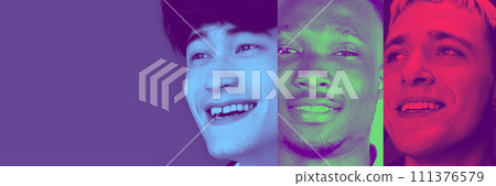 Collage made of young men of different nationally smiling against multicolored background. Duotone. Race diversity, friendship Collage made of young men of different nationally smiling against multicolored background. Duotone. Race diversity, friendship 111376579