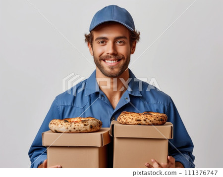 smiling pizza delivery man portrait 111376747