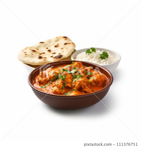 Hot spicy chicken tikka masala in bowl, served with roti Paratha and plain rice along. 111376751