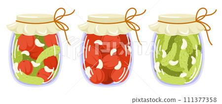 Pickled vegetables set in flat style. Marinated cucumber, tomatoes, garlic. Autumn marinate food. Vector illustration isolated on a white background. 111377358