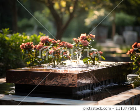 Illustration of water garden decoration in modern home. Surrounded by lush greenery represent the nature that is brought to the modern home. It can be an inspiration for designing a garden landscape. 111377691