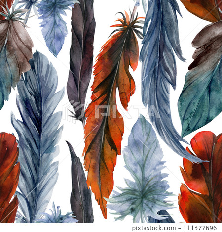 Hand drawn watercolor bird feather plume quill boho tribal ethnic indian. Seamless pattern isolated on white background. Design for charm, amulet, dreamcatcher, scrapbooking, handmade craft, tattoo 111377696