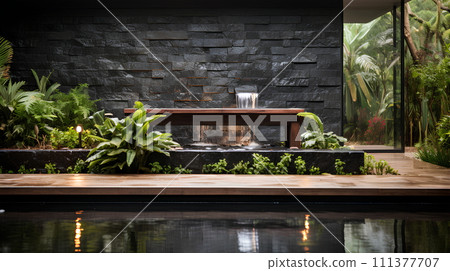 Illustration of water garden decoration in modern home. Surrounded by lush greenery represent the nature that is brought to the modern home. It can be an inspiration for designing a garden landscape. 111377707