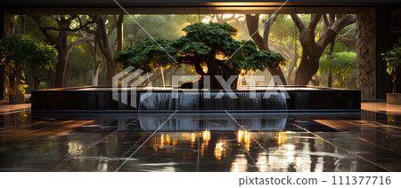 Illustration of water garden decoration in modern home. Surrounded by lush greenery represent the nature that is brought to the modern home. It can be an inspiration for designing a garden landscape. 111377716