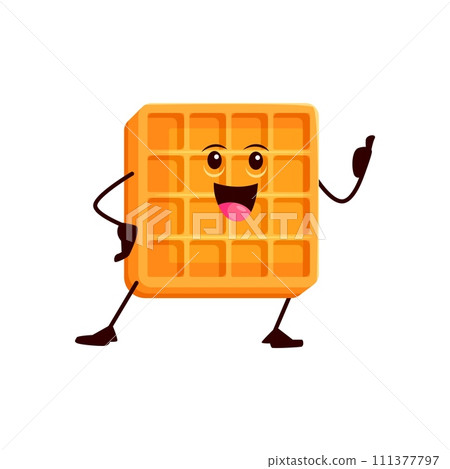 Cartoon funny Belgian wafer bakery character. Isolated vector crispy waffle with a mischievous grin and checkered texture adds a delightful crunch to breakfast. Delicious cheerful food personage 111377797