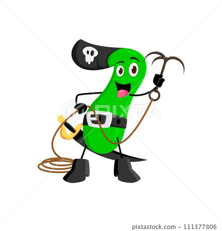 Cartoon math number seven pirate captain and corsair sailor character. Isolated vector 7 numeric personage with tricorn hat, mischievous grin, wields a grappling hook, ready for on high seas adventure 111377806
