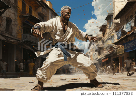 Male fighter trains capoeira on the city street 111377828