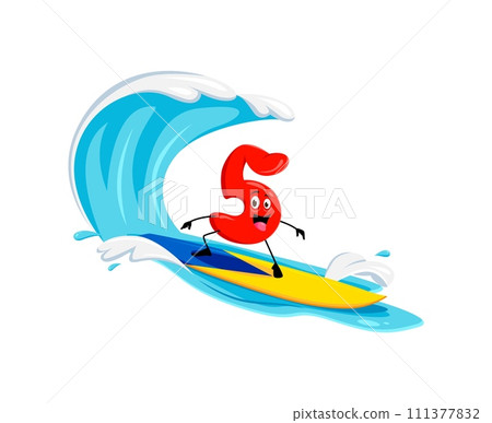 Cartoon cheerful math number five character gleefully rides a surfboard, catching waves with a sunny smile during vibrant summer vacation. Isolated vector digit 5 enjoying extreme numerical adventure 111377832