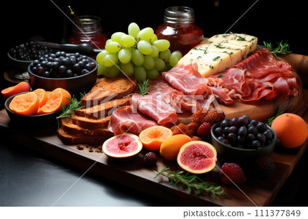 Close up of charcuterie board on wooden table. 111377849