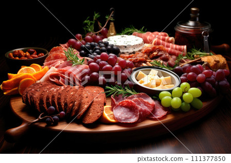 Various meat cuts, charcuterie, fruits and cheeses on a wooden board on the table Various meat cuts, charcuterie, fruits and cheeses on a wooden board on the table 111377850