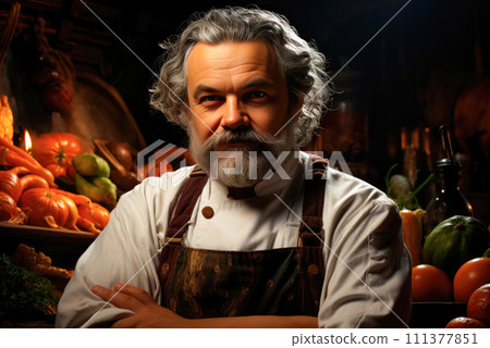 Portrait of an elderly chef in the kitchen at a restaurant 111377851
