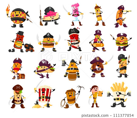 Cartoon fast food pirate and corsair characters. Vector cola, hot dog, ice cream, taco, coffee and pizza. French fries, donut, burger, nachos and pop corn. ketchup or mustard, cheesecake, and burrito 111377854