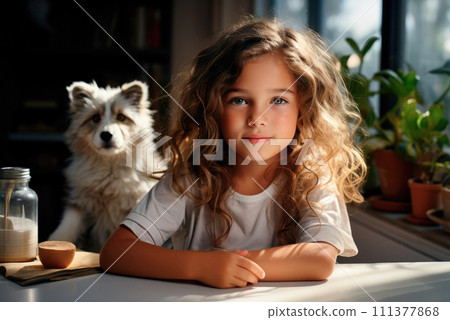 Child girl is sitting at the table and having breakfast next to her pet dog Child girl is sitting at the table and having breakfast next to her pet dog 111377868
