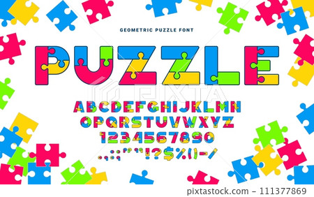 Puzzle font, quiz game type or jigsaw typeface and color English alphabet, vector ABC letters. Kids toy puzzle typography of jigsaw pieces, creative art and school education colorful mosaic font type Puzzle font, quiz game type or jigsaw typeface and color English alphabet, vector ABC letters. Kids toy puzzle typography of jigsaw pieces, creative art and school education colorful mosaic font type 111377869