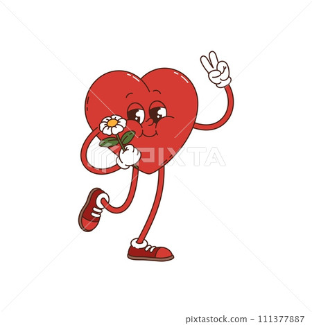 Cartoon funny groovy heart character in hippie funky art, vector comic personage. 60s and 70s hippie groovy heart character with flower, peace gesture and love face in retro groovy pop art Cartoon funny groovy heart character in hippie funky art, vector comic personage. 60s and 70s hippie groovy heart character with flower, peace gesture and love face in retro groovy pop art 111377887
