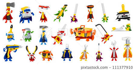 Cartoon diy and repair tool characters in superhero costumes. Vector hatchet, paint brush, spatula and jointer. Screwdriver, mallet, drill, wrench or spanner. Trammel, chisel, hammer and saw defenders Cartoon diy and repair tool characters in superhero costumes. Vector hatchet, paint brush, spatula and jointer. Screwdriver, mallet, drill, wrench or spanner. Trammel, chisel, hammer and saw defenders 111377910