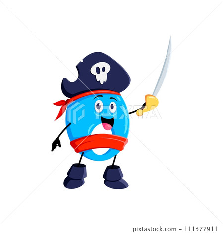 Cartoon math number zero pirate captain and corsair sailor character. Isolated vector numeral 0 personage in tricorn hat, wide grin, and a sword raised high for arithmetic adventures on the high seas Cartoon math number zero pirate captain and corsair sailor character. Isolated vector numeral 0 personage in tricorn hat, wide grin, and a sword raised high for arithmetic adventures on the high seas 111377911